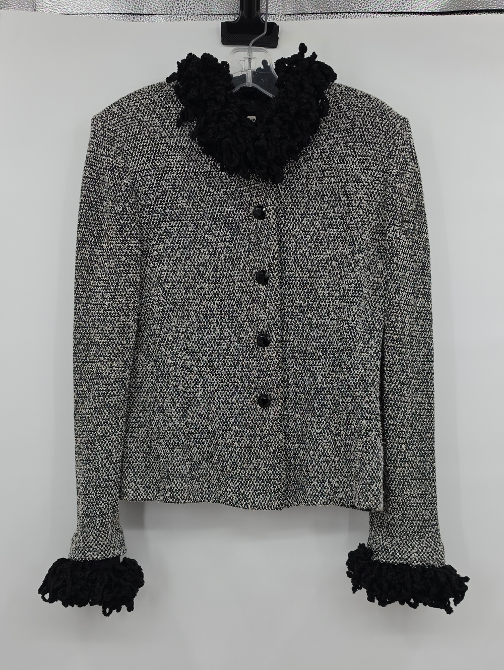 St. John Black-and-White Tweed Blazer with Black Ruffle Trim Size 2